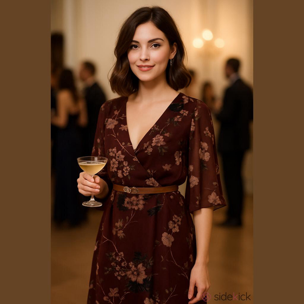 City Chic Size XL/22 maroon floral faux wrap dress. Flutter sleeve belt - Picture 2 of 14